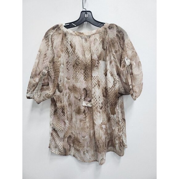 Express Women Blouse Small Brown Snake Skin Print Chiffon Tab Sleeve Half Button - Picture 5 of 8